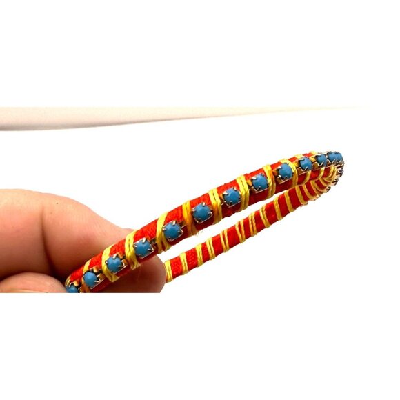 VTG Handmade Wrapped Bangle Bracelet Red Yellow Thread Blue Rhinestone Accents - Picture 5 of 6